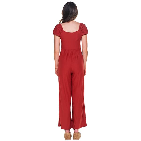 Juniors Derek Heart Short Puff Sleeve Button Front Jumpsuit
