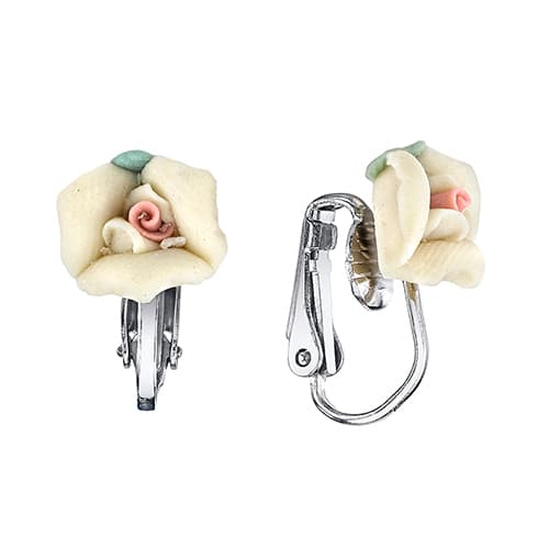 1928 Silver-Tone Ivory Porcelain Rose Clip On Earrings - image 