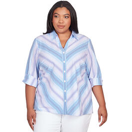 Plus Size Alfred Dunner3/4 Sleeve Mitered Stripe Woven Shirt