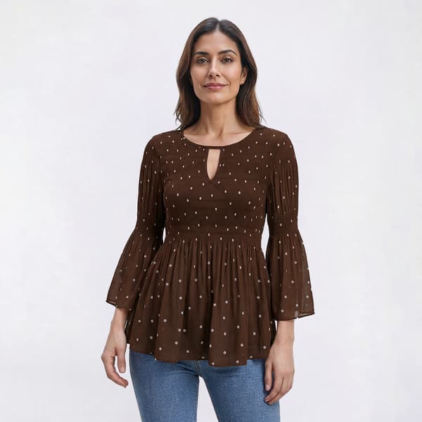 Petite Floral & Ivy 3/4 Sleeve Keyhole Neck Dot Pleater Blouse - image 