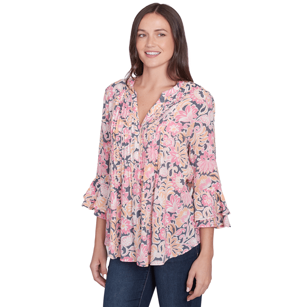 Womens Ruby Rd. Color Crush Garden Floral Ruffle Sleeve Blouse