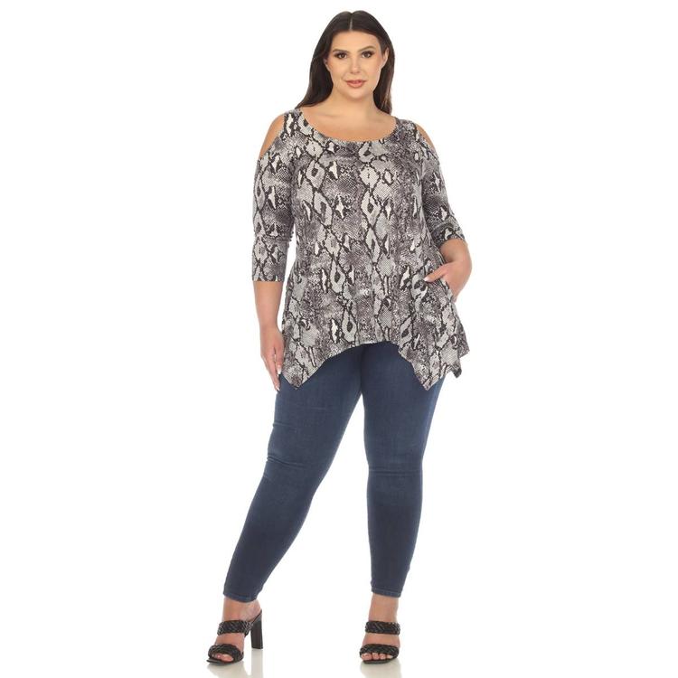 Plus Size White Mark Snake Print Cold Shoulder Tunic