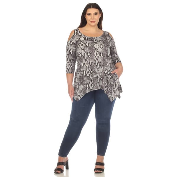 Plus Size White Mark Snake Print Cold Shoulder Tunic