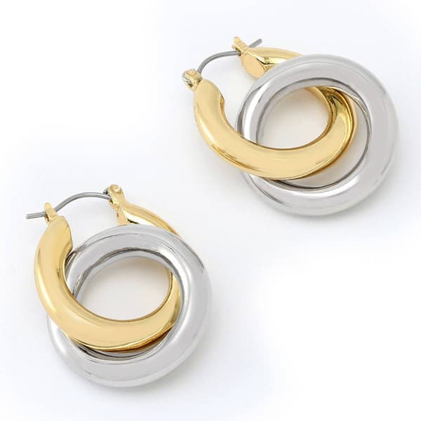 Steve Madden Two-Tone Interlock Ring Drop Hoop Earrings