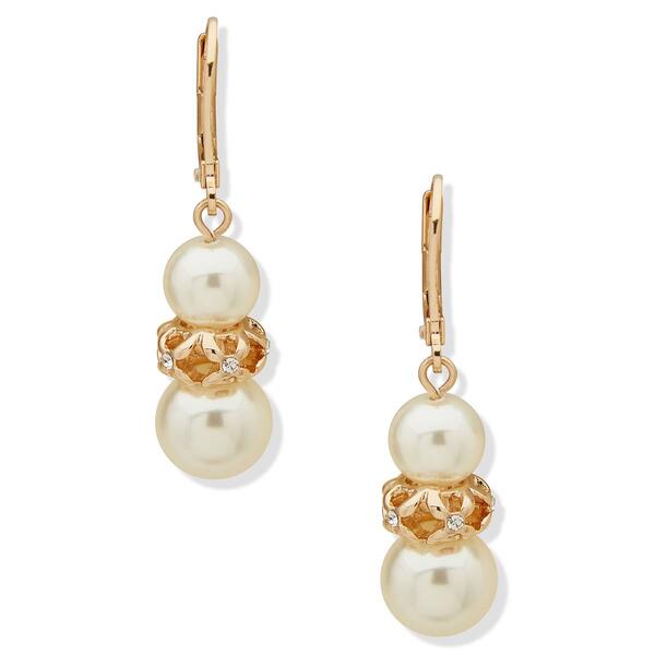 Anne Klein Gold-Tone White Pearl Crystal Snowman Drop Earrings - image 
