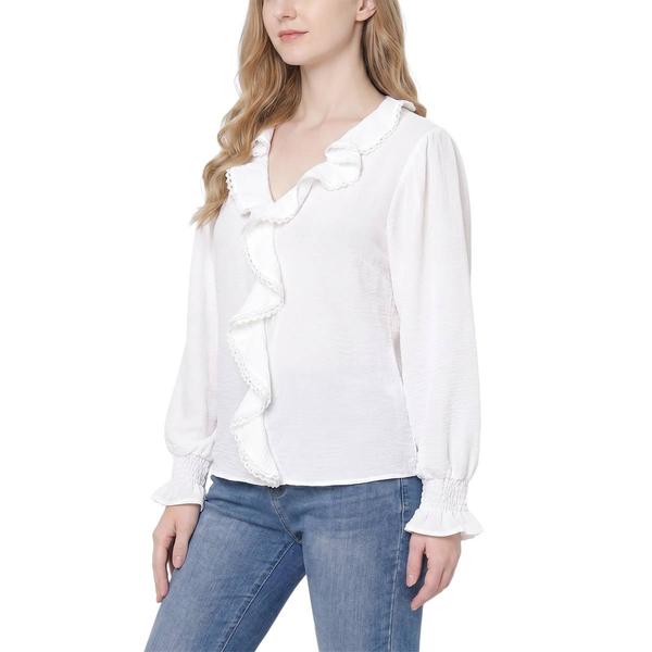 Petite NY Collection Long Sleeve Solid Ruffle Lace Trim Blouse