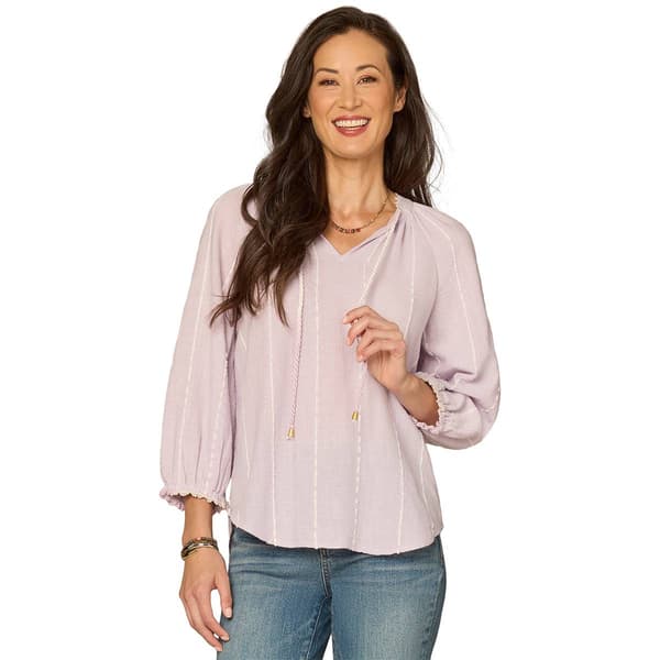 Petite Democracy 3/4 Blouson Sleeve Stripe Drawstring Blouse - image 
