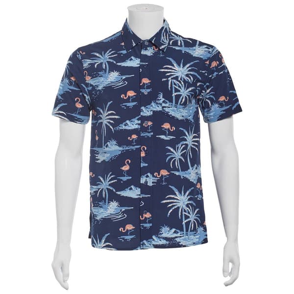 Young Mens VSTR Palm Flamingo Short Sleeve Button Down Shirt