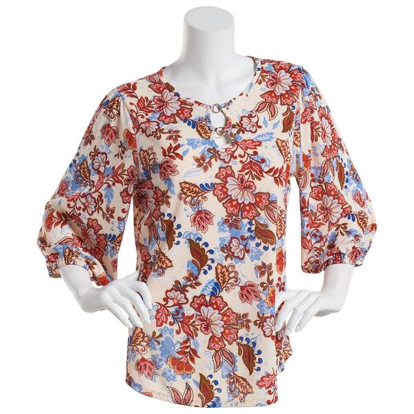 Womens Cure 3/4 Sleeve Double Keyhole Floral Blouse - image 