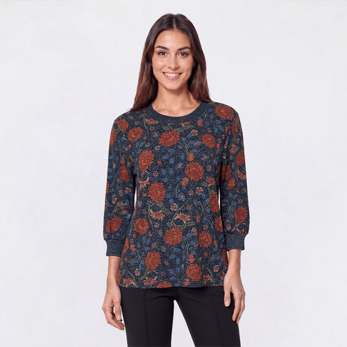 Plus Size Bonnie Evans 3/4 Sleeve Floral Mums Hacci Sweater - image 