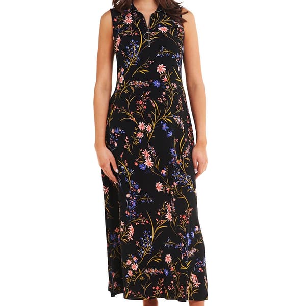 Womens MSK Sleeveless Floral Half Zip Neck Midi Dress