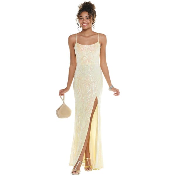 Juniors Crystal Doll Sequin Empire Waist Dress with High Slit