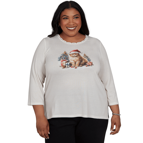 Plus Size Alfred Dunner Classics 3/4 Sleeve Santa Cat Tee - image 
