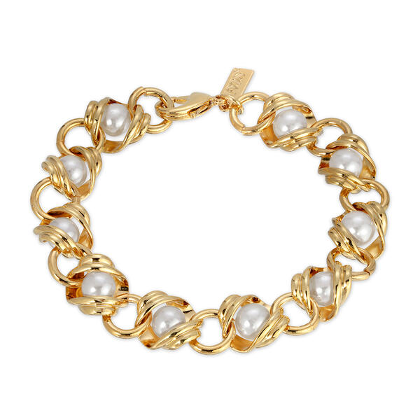 1928 14kt. Gold Dipped Chain with Pearl Inset Link Bracelet - image 