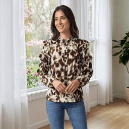 Womens Nanette Lepore Long Sleeve Ruffle Neck Cow Blouse