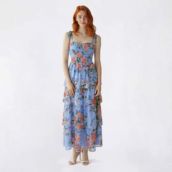 Juniors Crystal Doll Floral Tie Strap Corset Maxi Dress