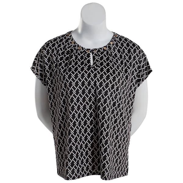 Plus Size Notations Short Sleeve Puff Print Grommet Top