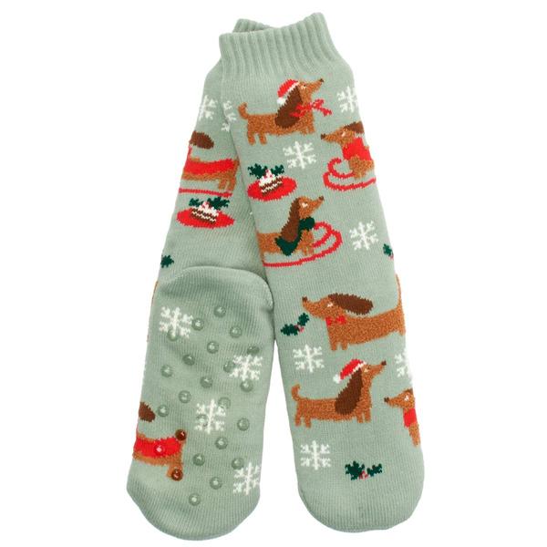 Womens Fuzzy Babba Christmas Dachshund Sledding Slipper Socks