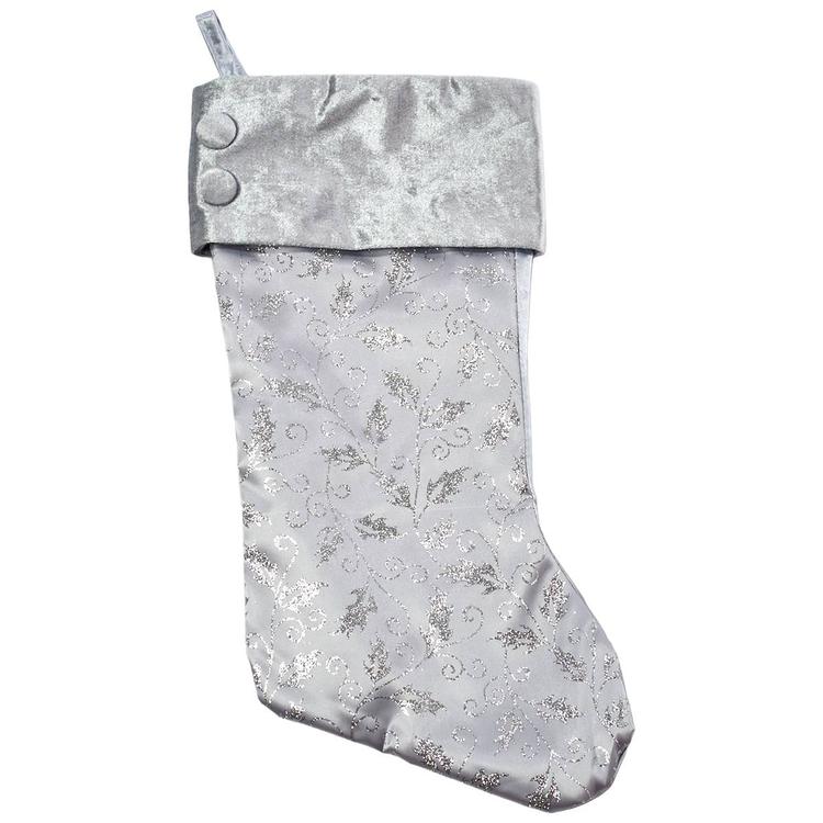 Glitter Satin Stocking with Holly Pattern & Velvet Cuff
