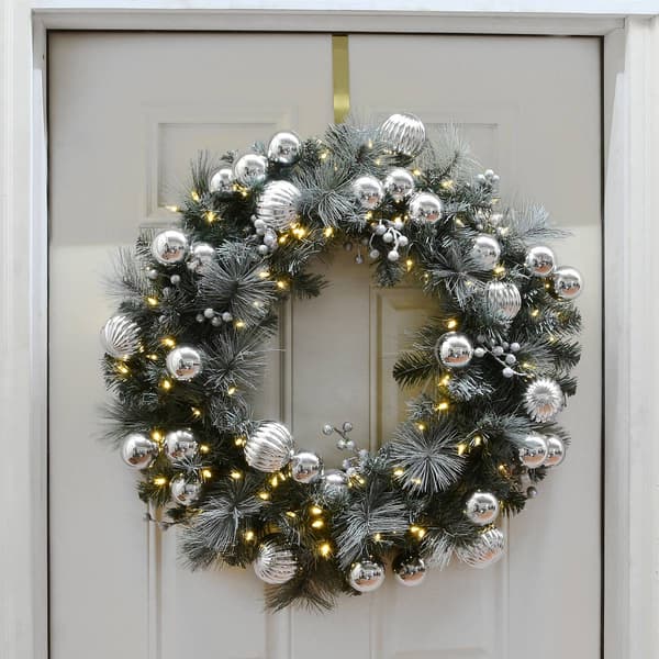 National Tree 30in. LED Frosted Silver Pine Wreath