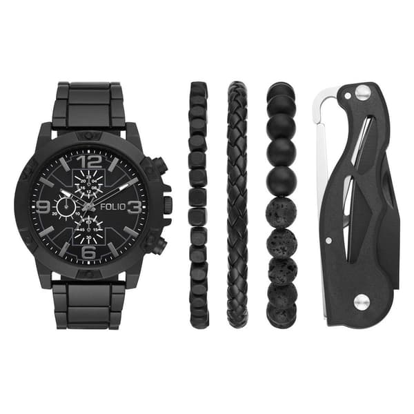 Mens Folio Black Three Hand Alloy Watch Gift Set - FMDFL6037 - image 