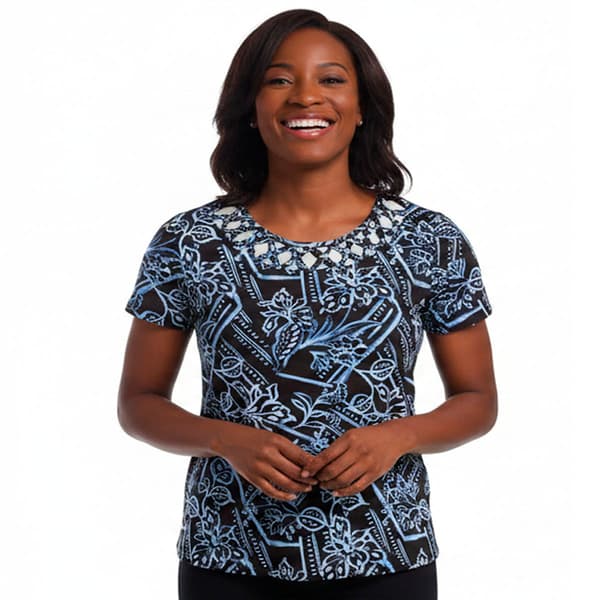 Womens Caribbean Joe Short Sleeve Lattice Round Neck Blouse - image 