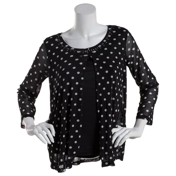 Womens Notations 3/4 Sleeve Dots Mesh 2Fer Blouse