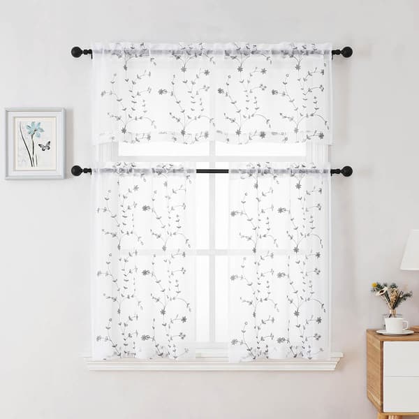 Joda Embroidered Matte Sheer Kitchen Curtain Set - image 
