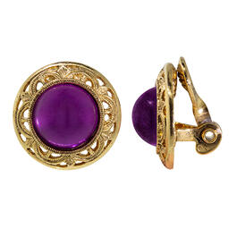 1928 Gold Tone Purple Stone Round Button Clip On Earrings