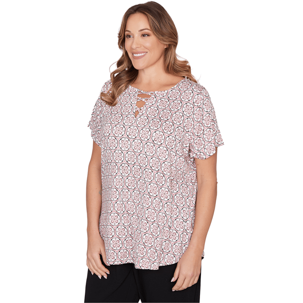 Plus Size Emaline Key Items Short Sleeve Medallion Lace Neck Tee