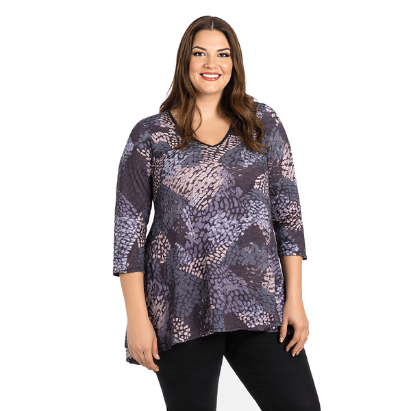 Plus Size 24/7 Comfort Apparel Grey Abstract V-Neck Tunic Blouse - image 