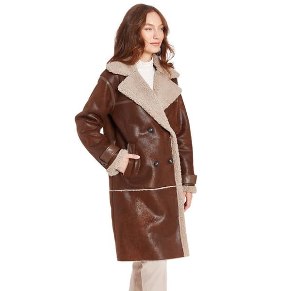Womens Frye Double Breasted Faux Shearling Coat