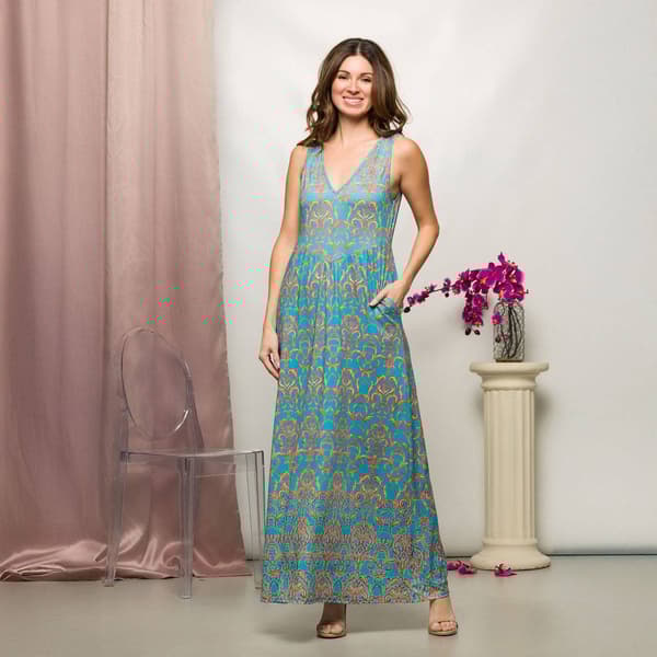 Womens 24/7 Comfort Apparel Sky Blue Sleeveless V Neck Maxi Dress