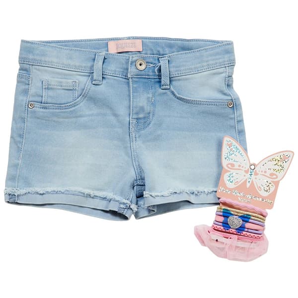 Girls (4-6x) Squeeze Fray Roll Cuff Denim Shorts/Hair Accessories