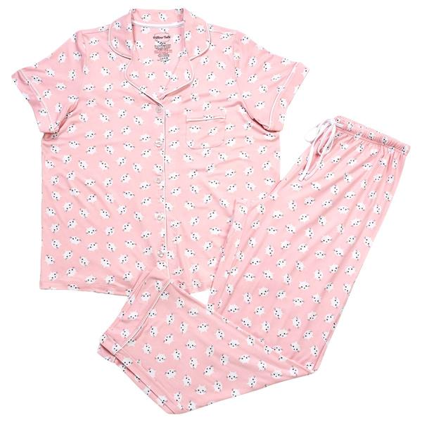 Womens Pillow Talk Cat Faces Tee & Long Leg Pajama Set
