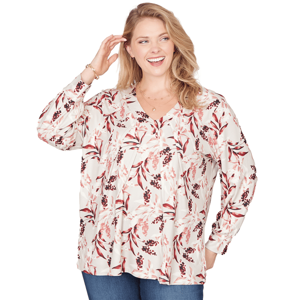 Plus Size Emaline Dusted Petals Long Sleeve V-Neck Top With Pint - image 