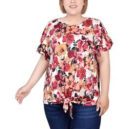 Plus Size NY Collection Short Bell Sleeve Print ITY Top - Rose