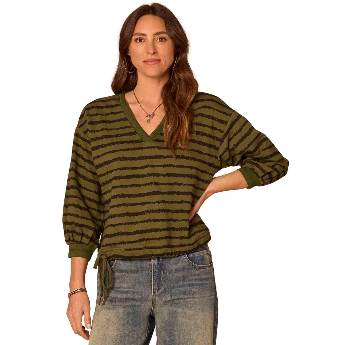 Petite Democracy 3/4 Blouson Sleeve V-Neck Stripe Blouse