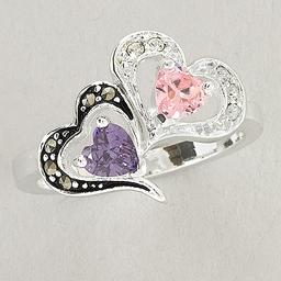 Marsala Fine Silver Plated Marcasite &amp; Crystal Heart Ring