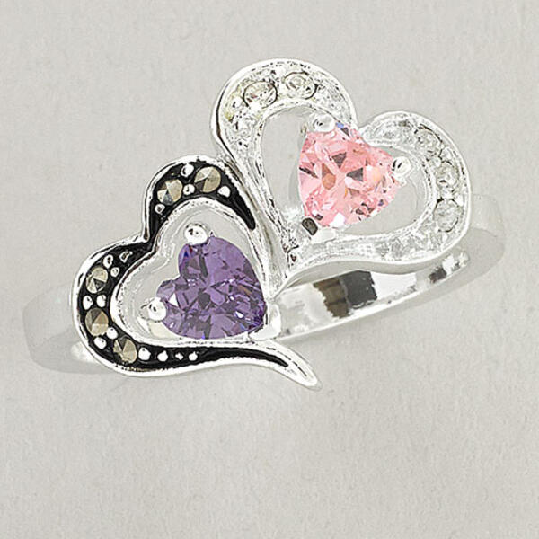 Marsala Fine Silver Plated Marcasite &amp; Crystal Heart Ring - image 