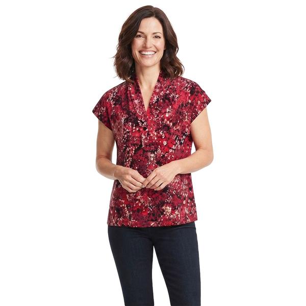 Womens Kasper Cap Sleeve Dot Pleated V-Neck Blouse