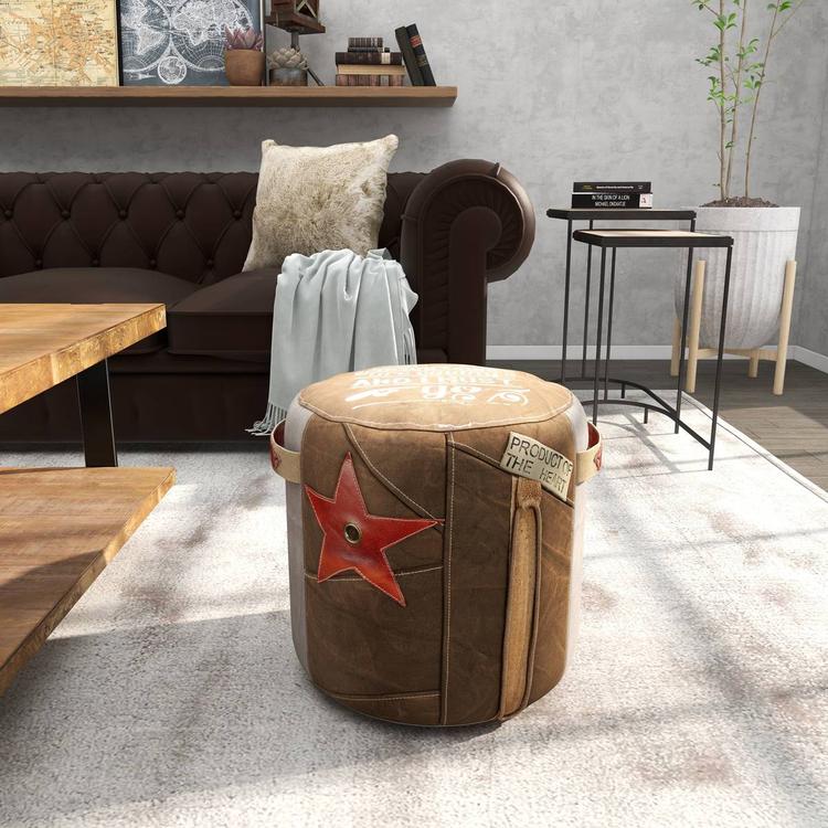 9th & Pike® Rustic Brown Canvas Round Pouf Ottoman