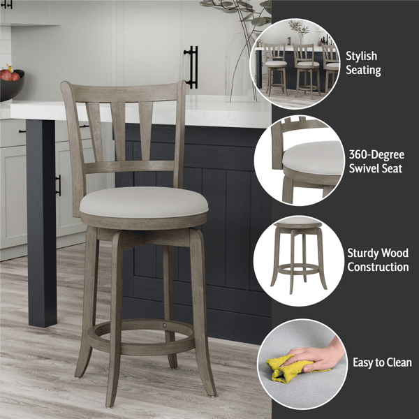 HH2 Home Presque Isle Grey Wood Counter Height Swivel Stool