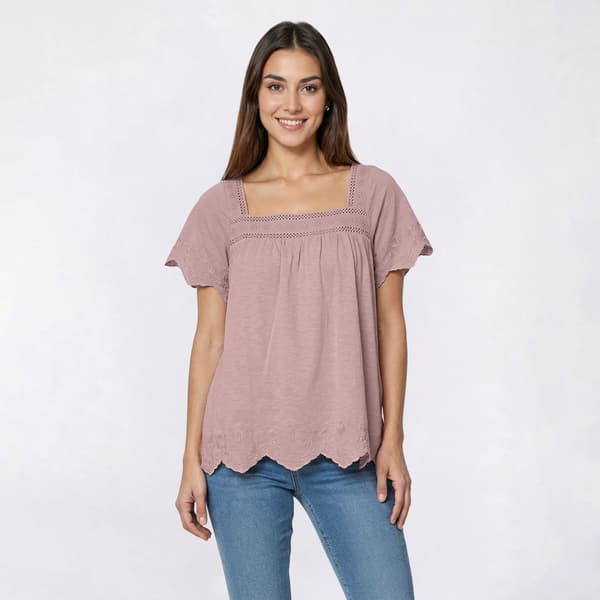 Petite Architect(R) Square Neck Embroidery Scallop Hem Blouse - image 