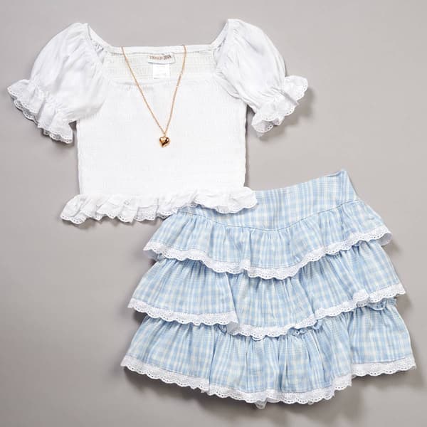 Girls (7-12) Tween Diva Puff Sleeve Smocked Top & Plaid Skort Set
