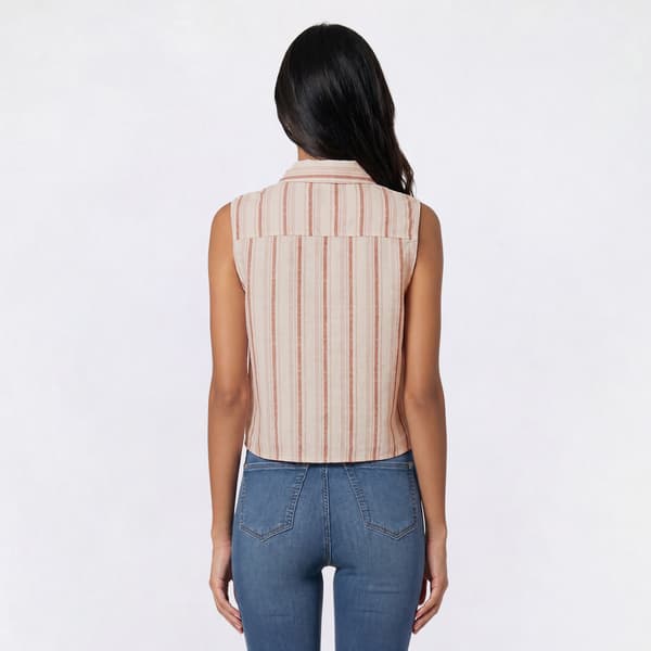 Juniors No Comment Striped Linen Sleeveless Button Down Top- Pink