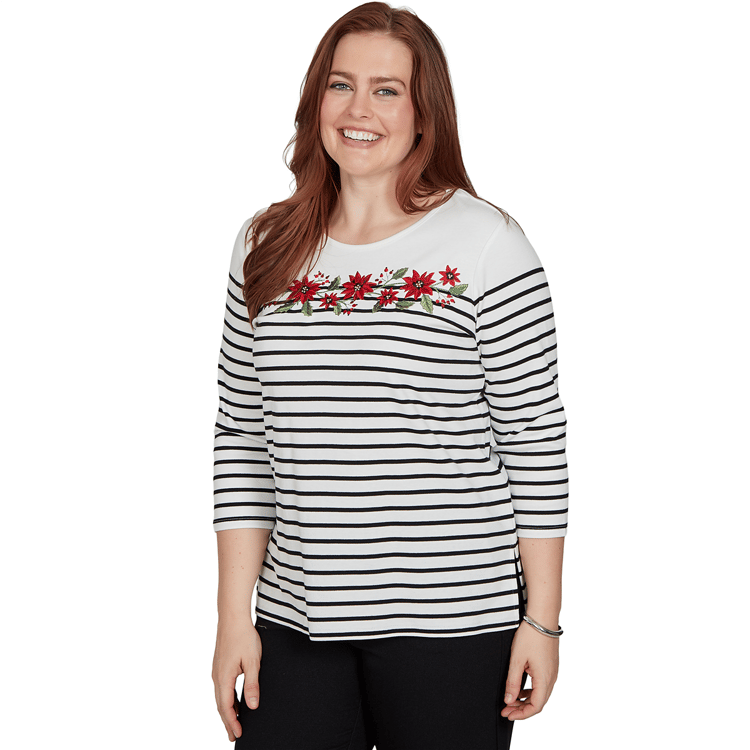 Womens Alfred Dunner Classics 3/4 Sleeve Poinsettia Stripe Tee