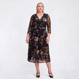 Plus Size Connected Apparel 3/4 Sleeve Floral Mesh Midi Dress