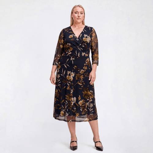 Plus Size Connected Apparel 3/4 Sleeve Floral Mesh Midi Dress