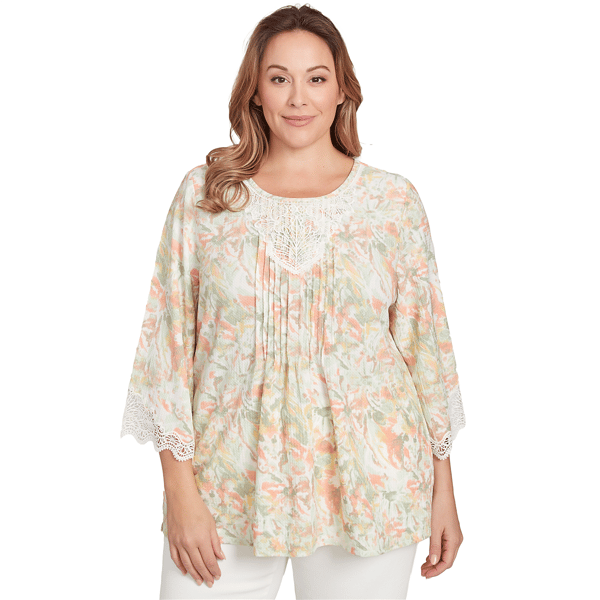 Plus Women''s Scoop Neck Watercolor Print Knit Top With Lace Trim